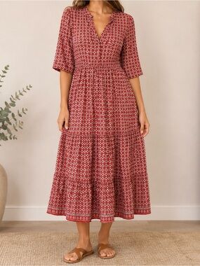Max Studio Red Printed Midi Dress